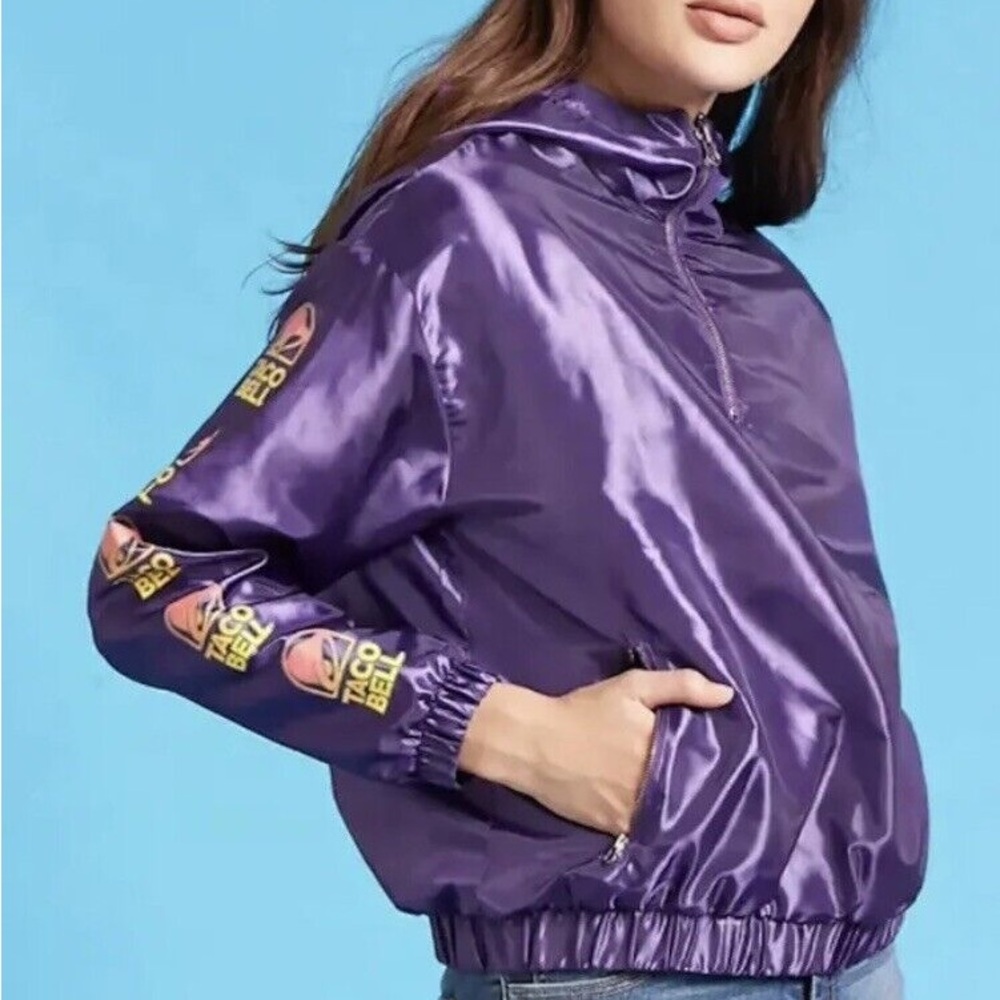 Taco Bell x F21 Purple Satin Hooded Jacket with Logo